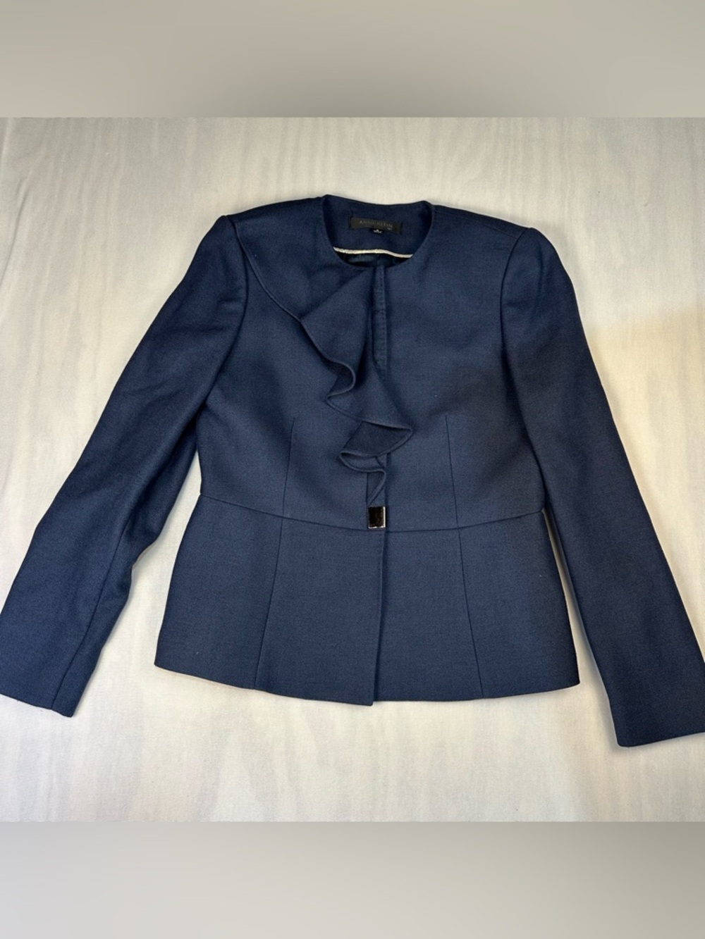 Anne Klein Navy Blue Ruffle-Front Blazer Jacket Size: 6